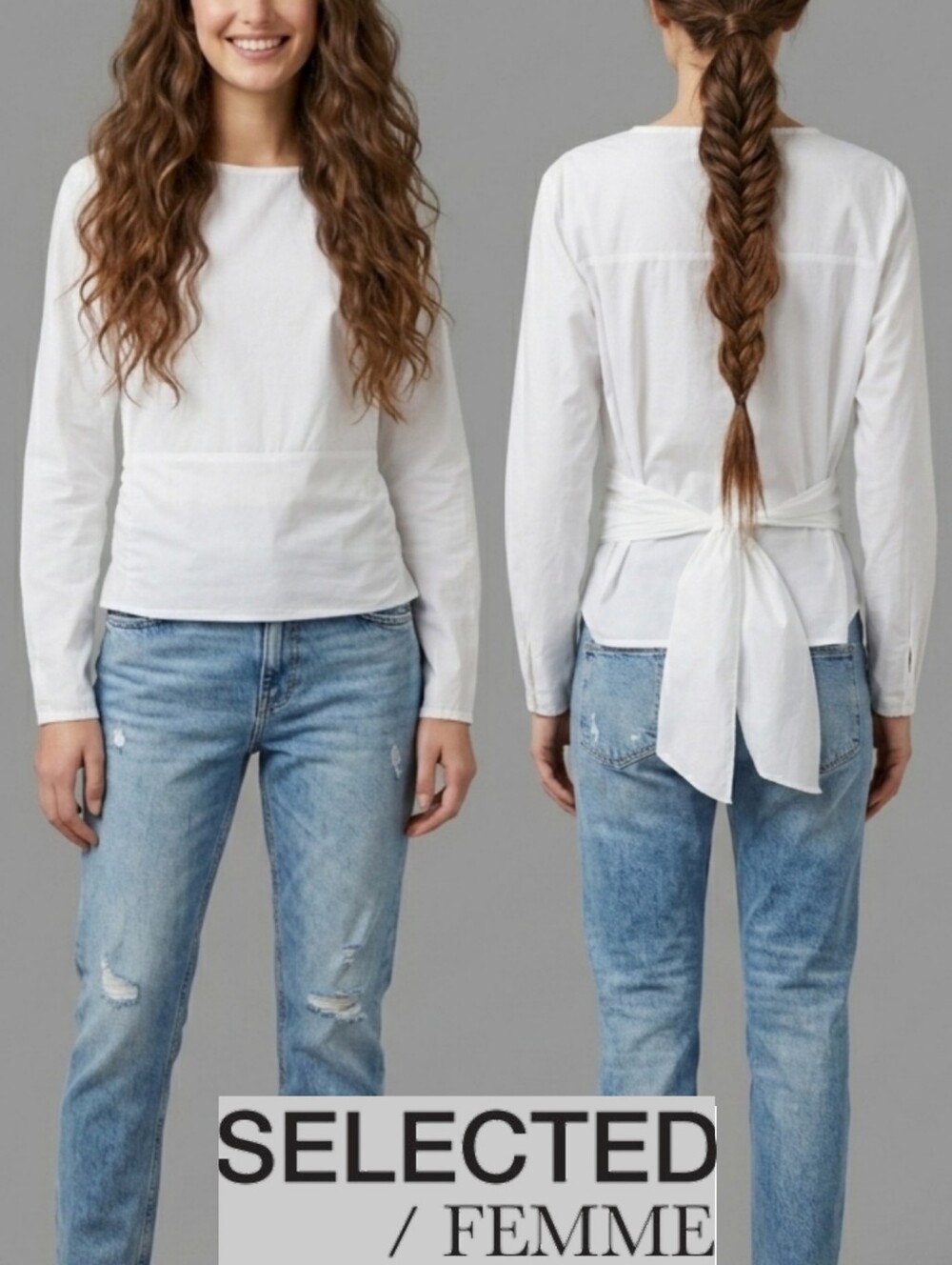 🟣 Sz S Selected Femme Cotton Blend White Long Sleeve Blouse with Tie Back